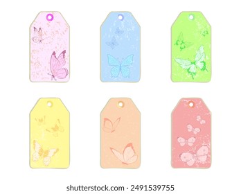Set of blank gift box tags or sale shopping labels with rope. Pastel colors paper and texture realistic material With Butterfly illustration. Scrapbooking Tags for Empty organic style stickers. Flat
