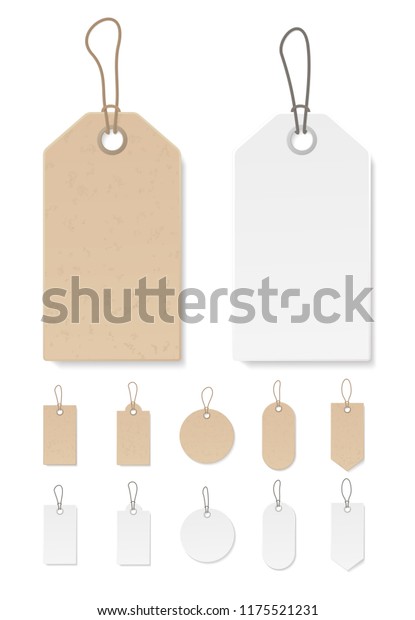 Set of blank gift
box tags or sale shopping labels with rope. White paper and brown
kraft realistic material. Empty organic style stickers. Flat design
isolated vector.