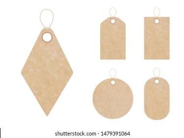 Set of blank gift tag labels for sale prices. Texture of realistic brown yellow kraft carton paper material with a rope. Stickers of different round, square, rectangular and rhomboid shapes