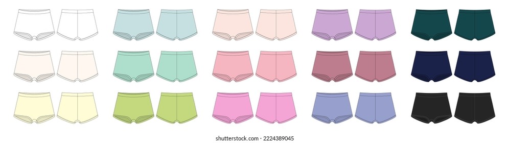 Set of blank girls knickers technical sketch. Diffirent colors. Lady lingerie collection. Female underpants bundle. Women casual panties isolated template. Front and back views. Vector CAD design