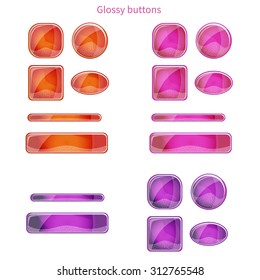 Set of blank glossy buttons for website, app or game. Vector eps10 design elements. Square and round forms. Colors - red and pink.