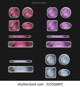 Set of blank glossy buttons for website, app or game. Vector eps10 design elements. Square and round forms. Colors - pink, blue and red.