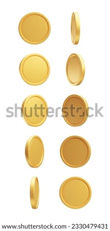 Set of blank golden coins from different views 3D rendering. Floating currency. Payment, investment, bank, finance, money symbols isolated on white background