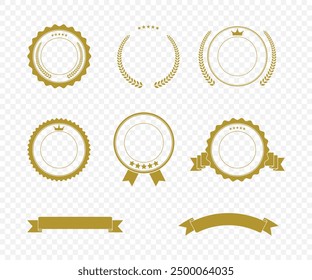 Set of blank golden vintage labels, badges and ribbons. Vector illustration with empty space for text. Perfect template for premium quality product, price promotion and certification designs.