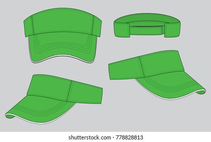Set Blank Green Sun Visor Cap With White Sandwich And Adjustable Hook And Loop Strap Vector.