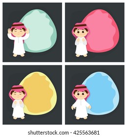 Set of blank Greeting Cards with frame and illustration of a Muslim Boy for Islamic Festivals Celebration.