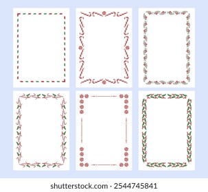 Set of blank greeting letter Merry Christmas and Happy New Year decorated with winter plantsberries, Christmas tree and sweets. Vector illustration for holiday poster, invitation, greeting card.
