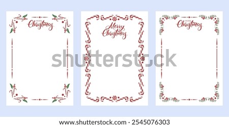 Set of blank greeting letter Merry Christmas and Happy New Year decorated with winter plantsberries, Christmas tree and sweets. Vector illustration for holiday poster, invitation, greeting card.
