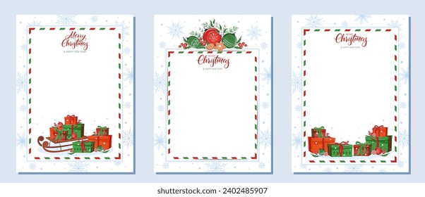 Set of blank for greeting letters Merry Christmas and Happy New. Templates decorated gifts, winter plants and snowflakes. Vector illustration