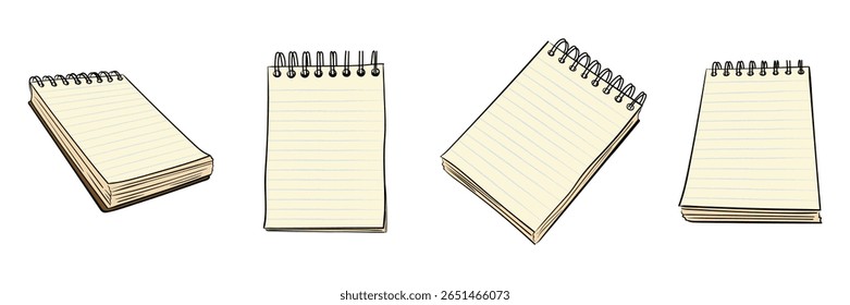 Set of blank grid notebook page. Vector sketch of notebook with spring in line art. Hand drawn illustration. For notes, memorization, checklists, scrapbook, office or school theme.