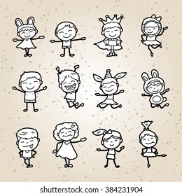 Set of blank Hand drawing cartoon happy kids playing with joyful, for practicing coloring