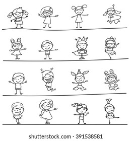 Set Of Blank Hand Drawing Cartoon Happy Kids Playing With Joyful, For Practicing Coloring