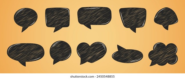 Set of blank hand drawn black scribbling speech bubbles, message box, talk bubble, vector illustration, isolated background. Flat doodle sticker for thinking sign, quote, sale, text
