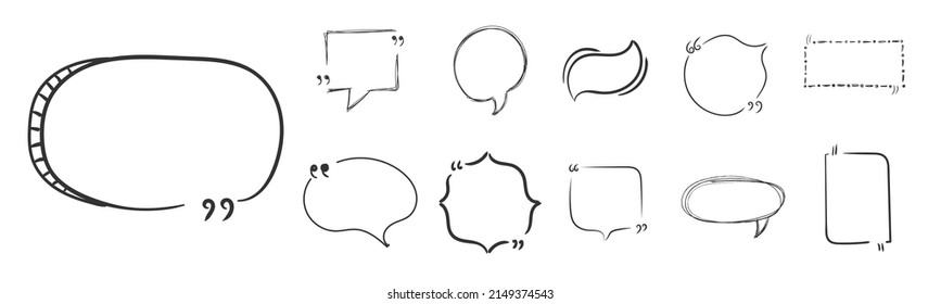 Set Of Blank Hand Drawn Speech Bubble Balloon With Quotation Marks. Quotes Boxes Scribble On White Background. Hand Drawn Doodle Speech Bubbles, Sketch Frames. Quote, Commas, Message. Vector