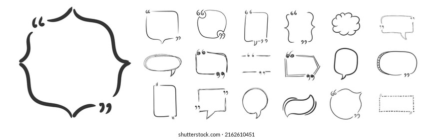 Set of blank hand drawn speech bubble balloon with quotation marks. Hand drawn doodle speech bubbles, sketch frames. Quote, commas, message. Quotes boxes scribble on white background. Vector