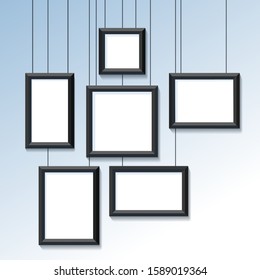 Set of Blank hanging frames. Pictures, photo frames with realistic shaows mockup. Six different empty photo frames, gallery portfolio album. vector illustration.