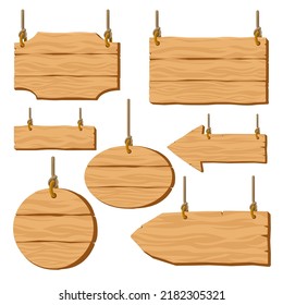 Set of blank hanging on the rope wooden signboards. Square, arrow, circle. Cartoon style vector guidepost illustration. Rough wooden shapes on the ropes. Bricks.