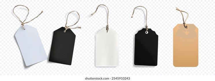 Set of blank hanging tags in various colors with strings, ideal for labeling, pricing, and branding concepts labels, and price tags on a transparent background. Realistic mockup price tag.