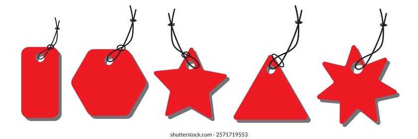 Set of blank hanging tags in various colors with strings, ideal for labeling, pricing, and branding concepts labels, and price tags on a transparent background. Realistic mockup price tag.