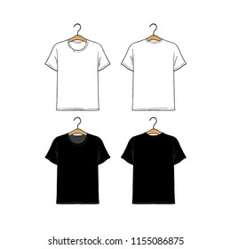 Set of blank hanging t-shirt design template hand drawn vector illustration. Front and back sides. White and black male shirt on white background. 