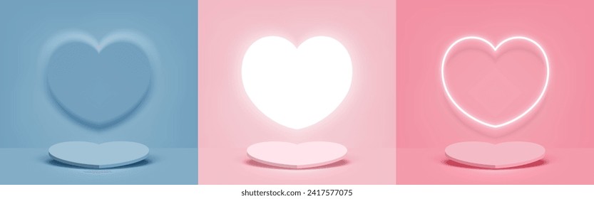 Set of blank heart pedestal decorative with wall heart embossed, Light and Neon light on blue, peach, pink background. Valentine's day background. Minimal style. Vector illustration.