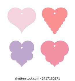 Set of blank heart shape gift tags. Paper labels, hanging tags, ornaments in vintage scallop heart shapes. Tag mockup template. Vector illustration.