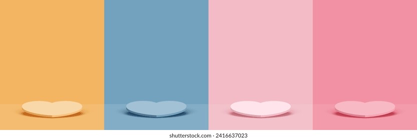 Set of blank hearts pedestal for display on pink, peach, blue and yellow background. Minimal style. Vector illustration.