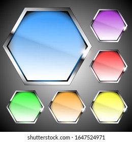 Set of blank hexagon backgrounds with a silver frame. Vector illustration