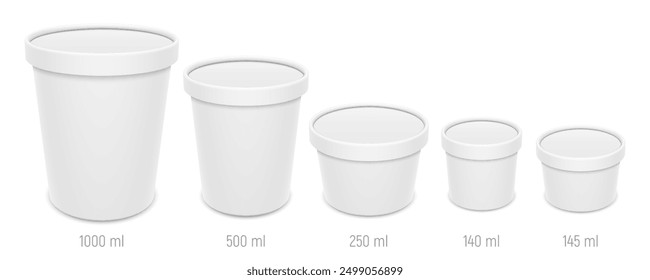 Set of blank ice cream buckets and bowls with lids. Different sizes of paper food containers. Vector realistic mockup illustration isolated on white background.