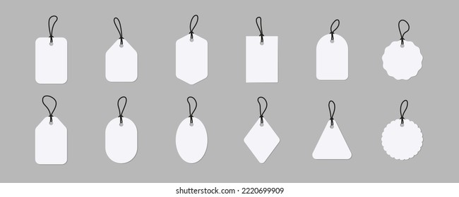 Set of blank icon mockups. Plain empty tag hanging on a rope.