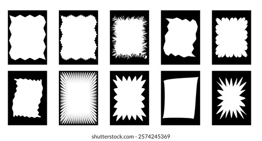 Set of blank isolated forms , flat zigzag. Squiggle stories frames set. Jaggered edges, retro scallop frames, psychedelic, photo frames, groovy shapes set 