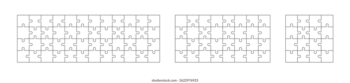 Set of blank jigsaw puzzle templates in various sizes, black outlines on white background, isolated vector layout for design or customization.
