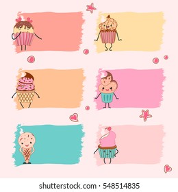 Set of blank label with funny cupcake in cartoon style vector illustration. Cute smiley character with eyes and legs.