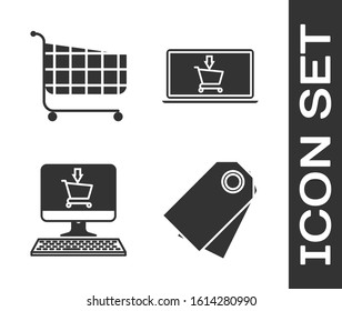 Set Blank label template price tag, Shopping cart, Shopping cart on screen computer and Shopping cart on screen laptop icon. Vector