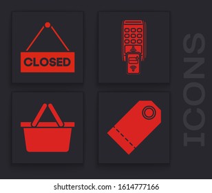 Set Blank label template price tag, Hanging sign with text Closed, POS terminal with printed reciept and confirms the payment by smartphone and Shopping basket icon. Vector