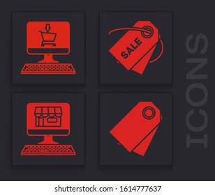 Set Blank label template price tag, Shopping cart on screen computer, Price tag with an inscription Sale and Shopping building on screen computer icon. Vector
