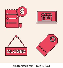 Set Blank label template price tag, Paper check and financial check, Shopping building on screen laptop and Hanging sign with text Closed icon. Vector