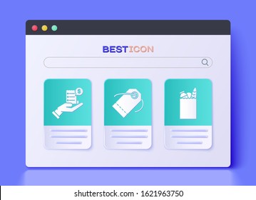 Set Blank label template price tag, Human hand holding with blank receipt or bill for payment and Paper shopping bag and food icon. Vector