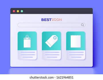 Set Blank label template price tag, Paper shopping bag and Paper shopping bag icon. Vector