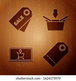 Set Blank label template price tag, Price tag with an inscription Sale, Shopping cart on screen laptop and Shopping basket on wooden background. Vector