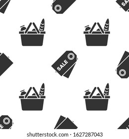 Set Blank label template price tag, Price tag with an inscription Sale and Shopping basket and food on seamless pattern. Vector