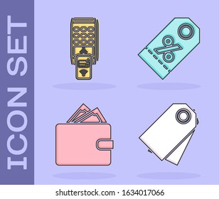 Set Blank label template price tag, POS terminal with printed reciept and confirms the payment by smartphone, Wallet with stacks paper money cash and Discount percent tag icon. Vector