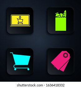 Set Blank label template price tag, Shopping cart on screen laptop, Shopping cart and Paper shopping bag and food. Black square button. Vector