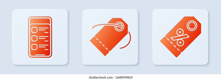 Set Blank label template price tag, Online shopping on mobile phone and Discount percent tag. White square button. Vector