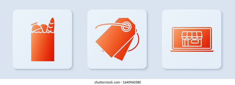 Set Blank label template price tag, Paper shopping bag and food and Shopping building on screen laptop. White square button. Vector