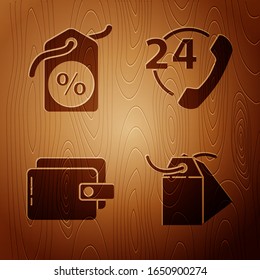 Set Blank label template price tag, Discount percent tag, Wallet and Telephone 24 hours support on wooden background. Vector