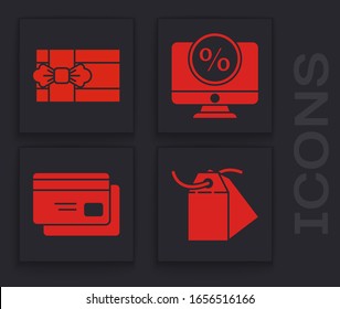 Establecer la etiqueta en blanco, la etiqueta de precio, la caja de regalo, el porcentaje de descuento y el monitor y el icono de la tarjeta de crédito. Vector