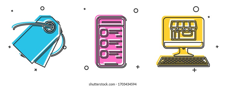 Set Blank label template price tag, Online shopping on mobile phone and Shopping building on screen computer icon. Vector