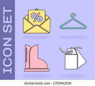 Establecer la etiqueta en blanco, etiqueta de precio, sobre con un descuento de interés, funda de goma impermeable e icono de guardarropa. Vector