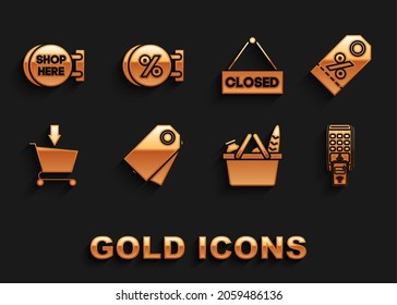 Set Blank label template price tag, Shopping basket food, Add to cart, Hanging sign text Closed, Signboard hanging inscription shop here and discount icon. Vector